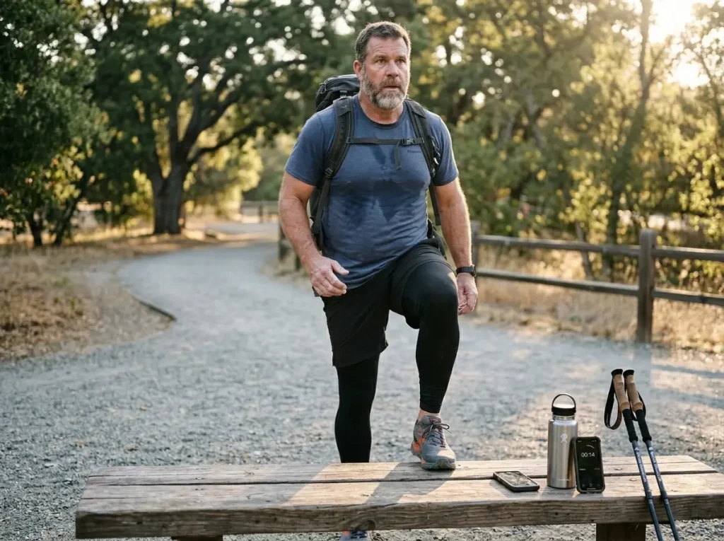 Hiker in their 50s doing step-ups on a park bench with a loaded daypack for trail training