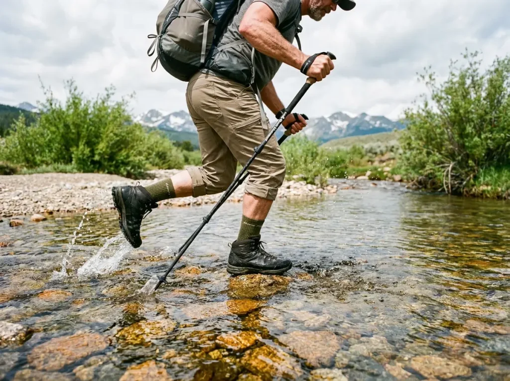 Hiker crossing a rocky stream with water splashing over merino wool socks