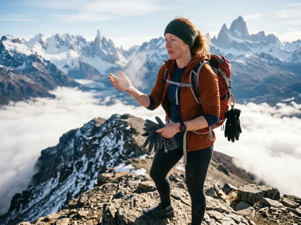 Hiker at ridge top removing damp gloves with steam rising from sweaty hands