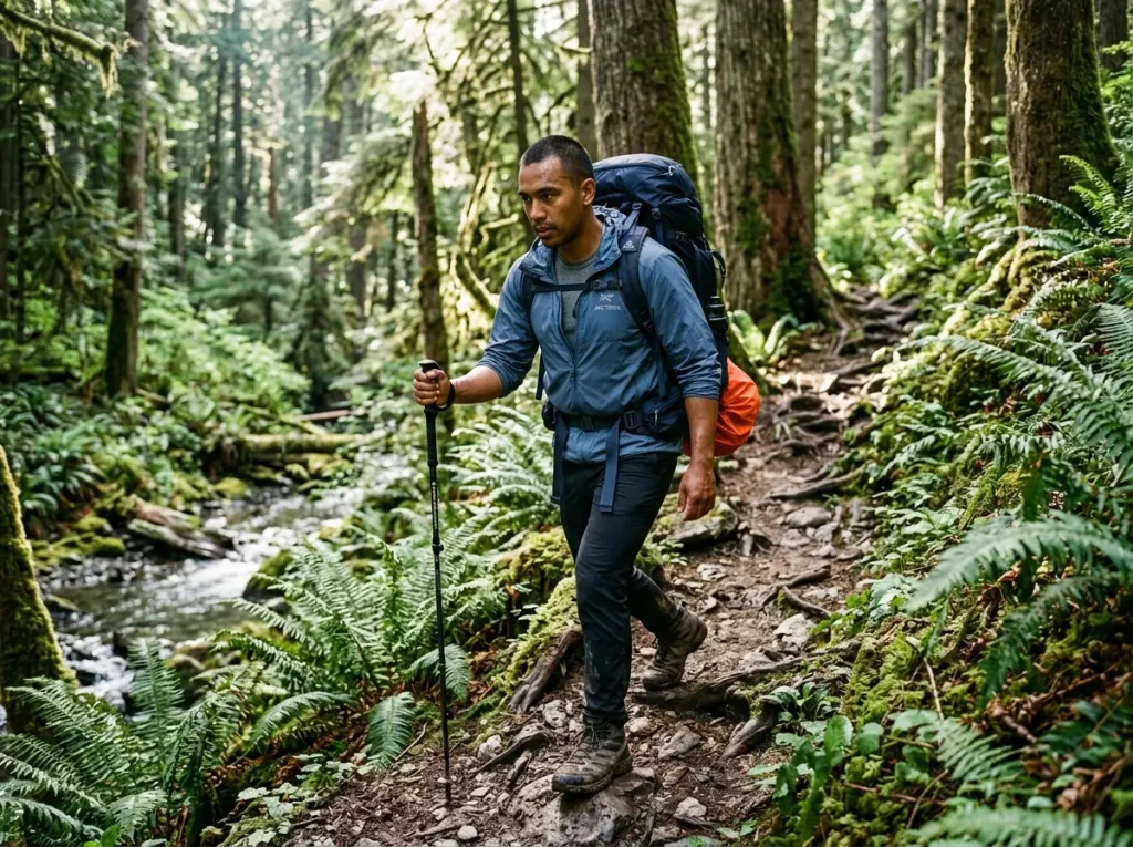 Backpacker testing loaded rental pack on a rocky forest trail
