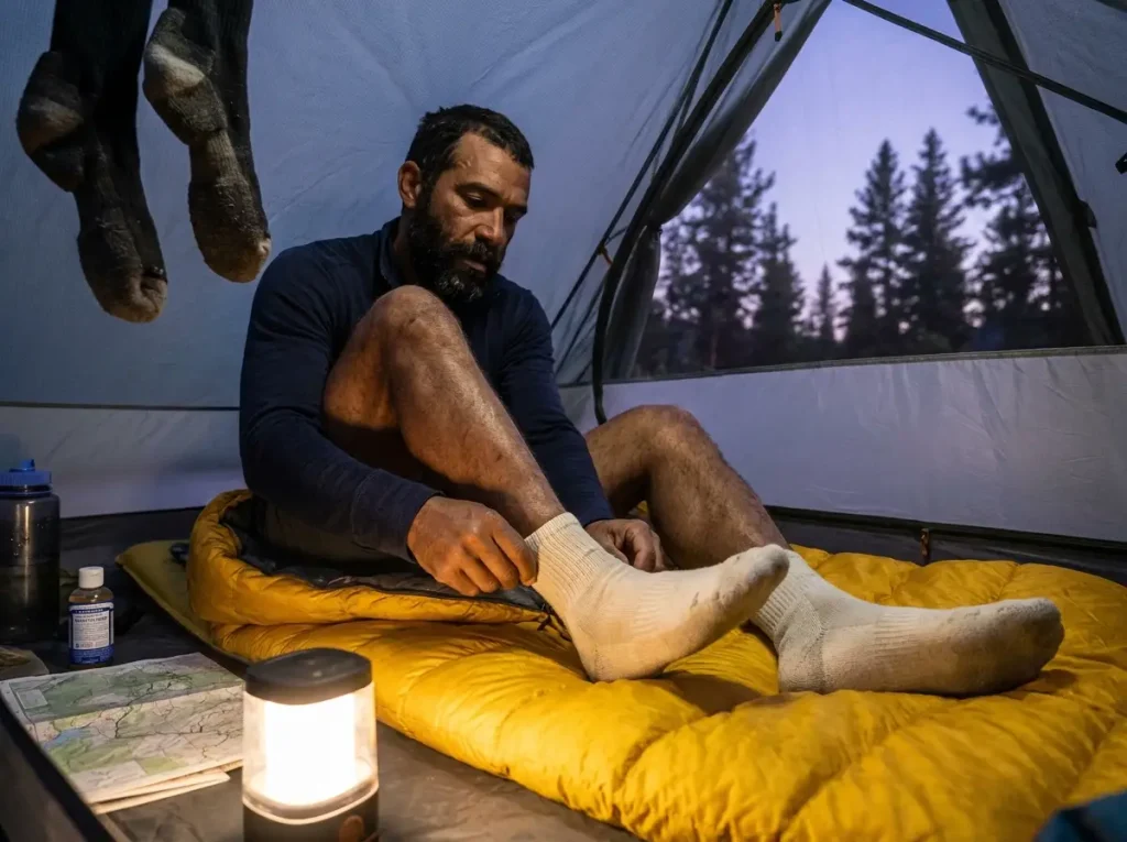 Hiker putting on clean dry socks inside a sleeping bag at night