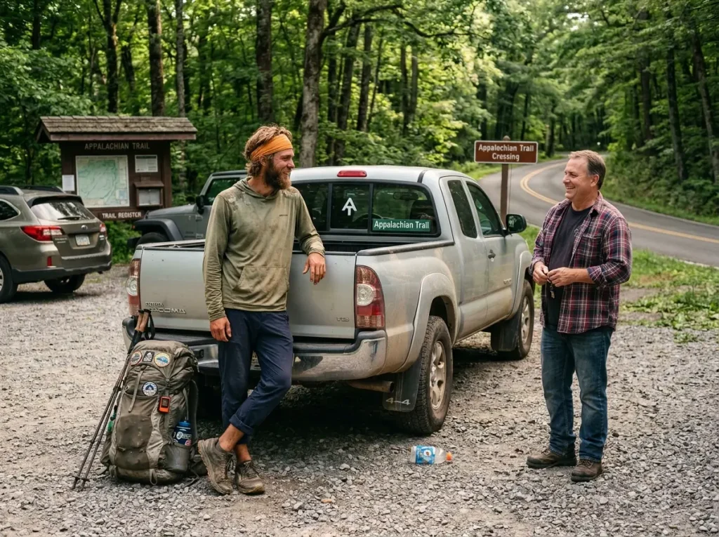 Thru-hiker with backpack talking to driver at trailhead parking lot