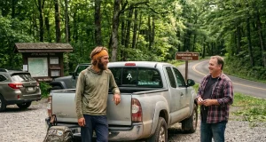 Why Smart Thru-Hikers Skip the Roadside Thumb Thru-hiker with backpack talking to driver at trailhead parking lot