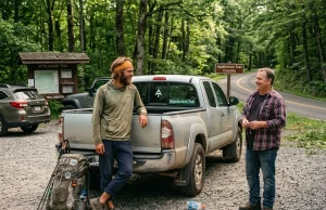 Why Smart Thru-Hikers Skip the Roadside Thumb Thru-hiker with backpack talking to driver at trailhead parking lot