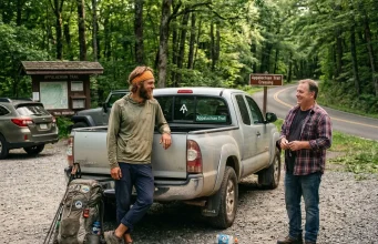 Why Smart Thru-Hikers Skip the Roadside Thumb Thru-hiker with backpack talking to driver at trailhead parking lot
