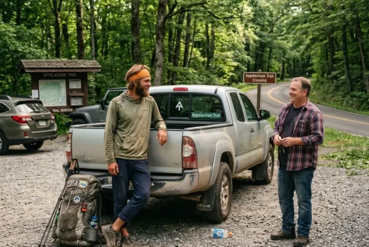 Why Smart Thru-Hikers Skip the Roadside Thumb Thru-hiker with backpack talking to driver at trailhead parking lot