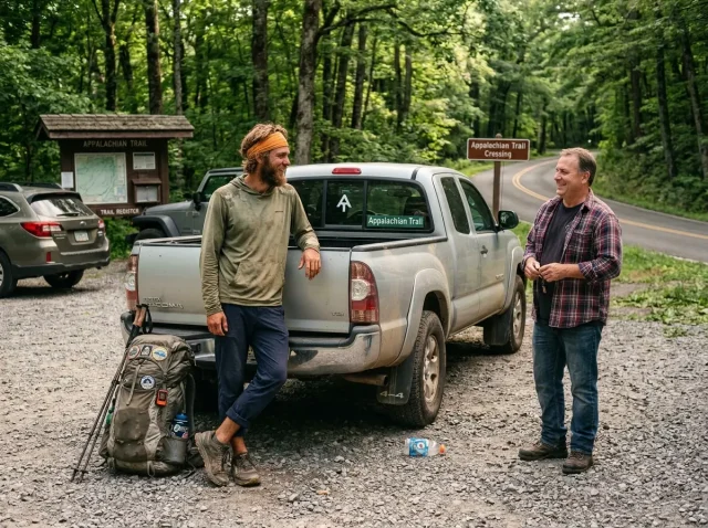 thru-hiker-hitchhiking-safety-parking-lot Thru-hiker with backpack talking to driver at trailhead parking lot