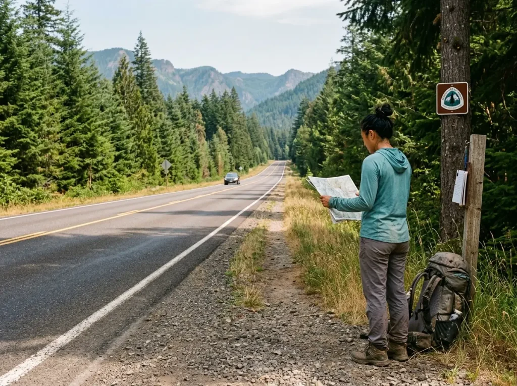 Remote trail crossing at highway with no town access visible