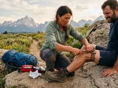 7 Steps to Apply a Tourniquet in the Backcountry Hiker applying a tourniquet on a rocky backcountry trail with mountains in the background
