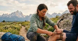 7 Steps to Apply a Tourniquet in the Backcountry Hiker applying a tourniquet on a rocky backcountry trail with mountains in the background