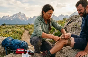 7 Steps to Apply a Tourniquet in the Backcountry Hiker applying a tourniquet on a rocky backcountry trail with mountains in the background
