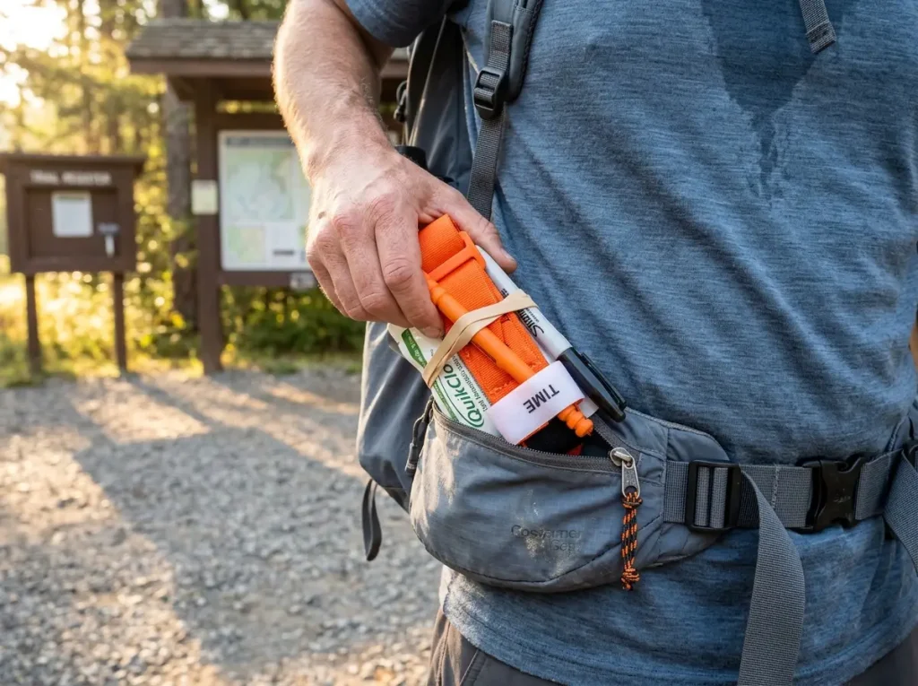 Close-up of a tourniquet stored in a hip belt pocket on a hiking backpack ready for quick access