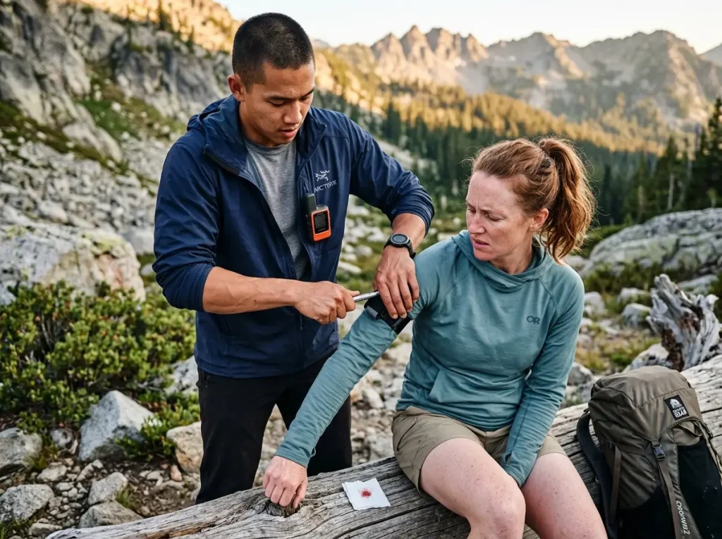 Hiker twisting a tourniquet windlass on another hiker's upper arm on a mountain trail