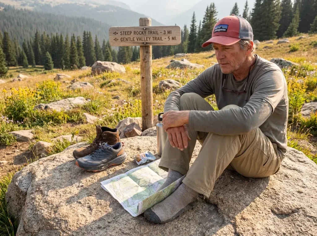Hiker sitting at trail junction studying a map with two different boot options beside them
