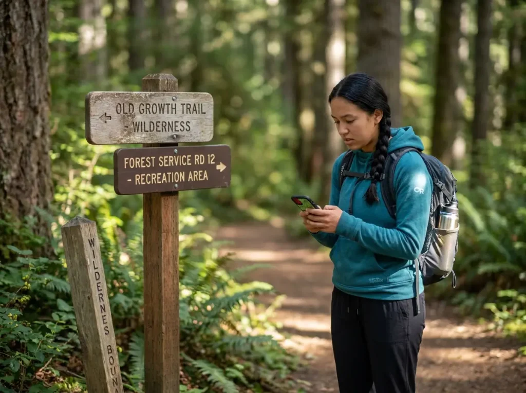 Hiker checking phone at a trail junction with conflicting signs in a forest