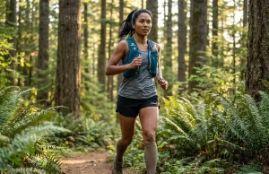 Trail Running for Hikers Without Wrecking Your Knees Trail runner on single track trail through mountain forest at sunrise