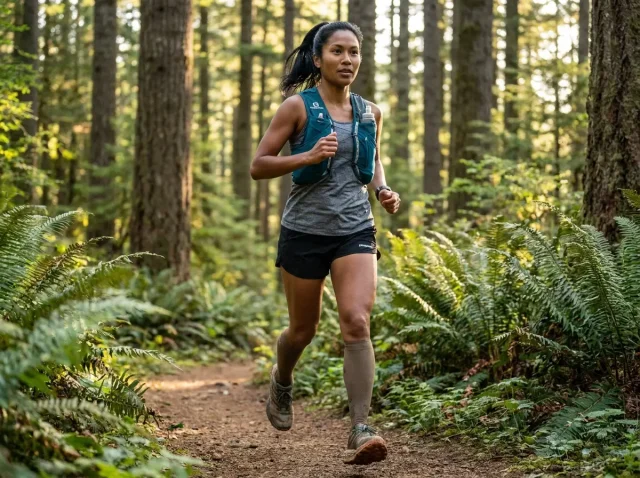 trail-running-for-hikers-getting-started-hero Trail runner on single track trail through mountain forest at sunrise