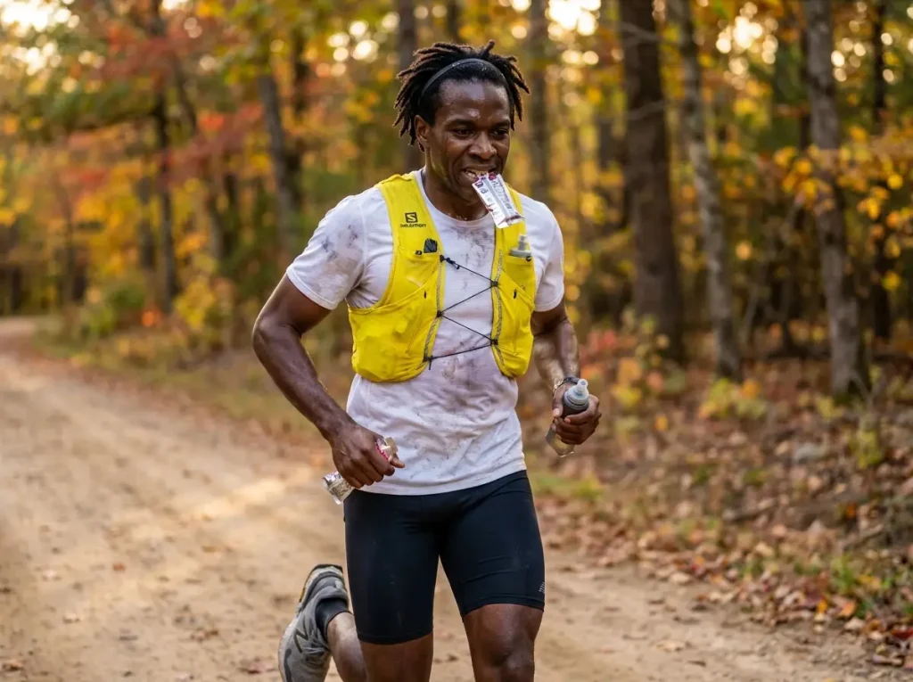 Trail runner eating energy gel while running on a forest trail