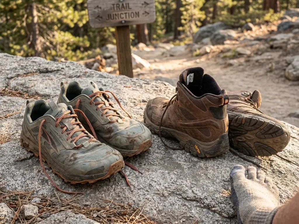 Trail running shoes and hiking boots side by side on rocky trail showing difference