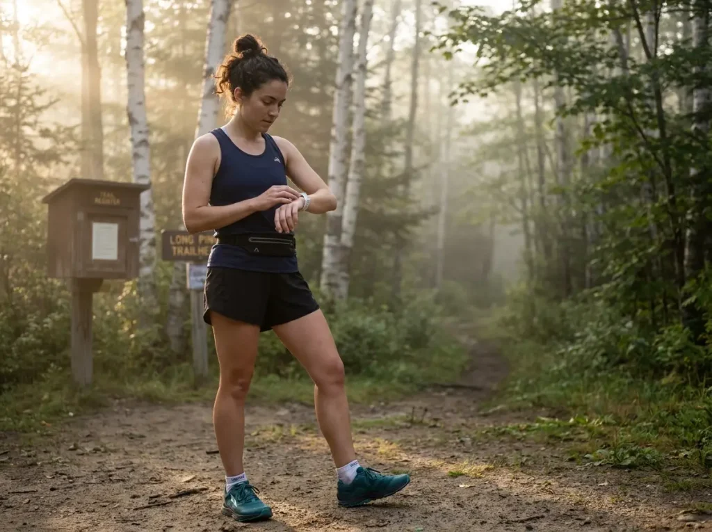 Trail runner checking GPS watch at the start of a morning training run
