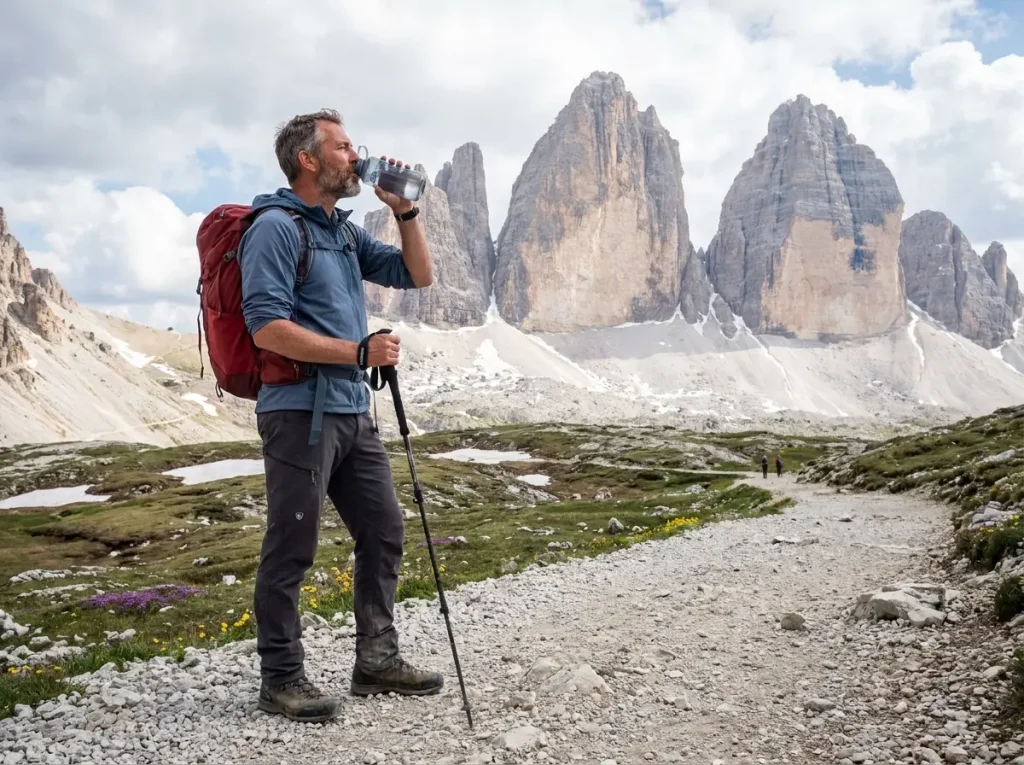 Tre Cime di Lavaredo three peaks from hiking loop trail with wildflowers