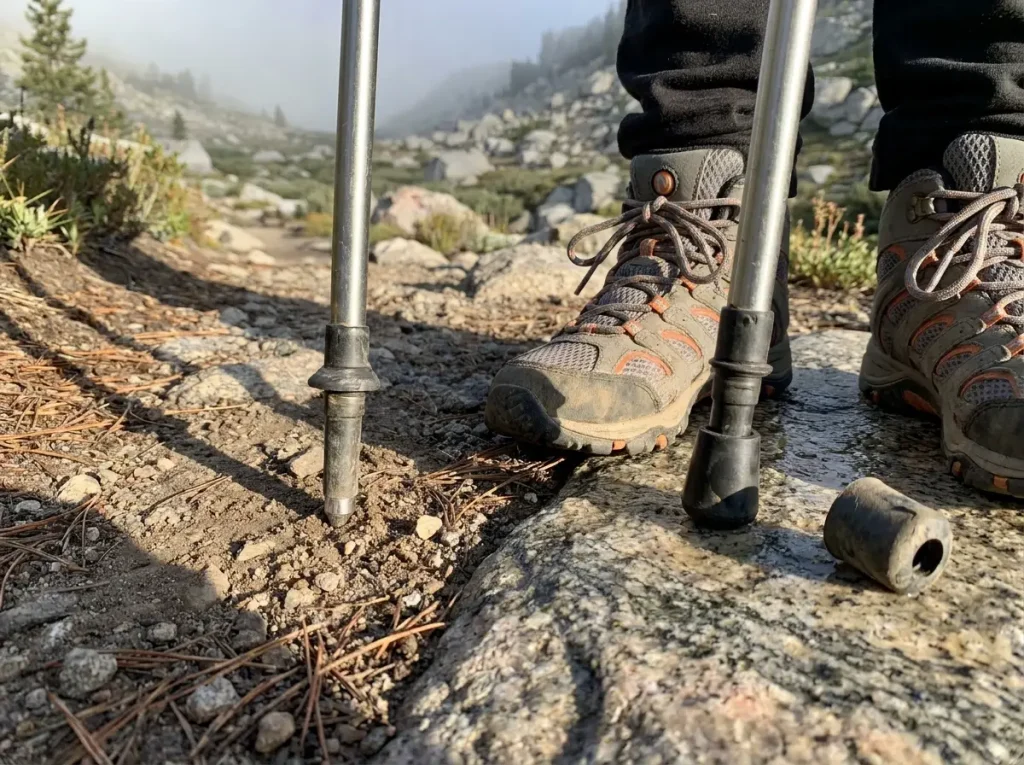 Kids trekking pole tips on rocky terrain showing rubber cap and carbide point