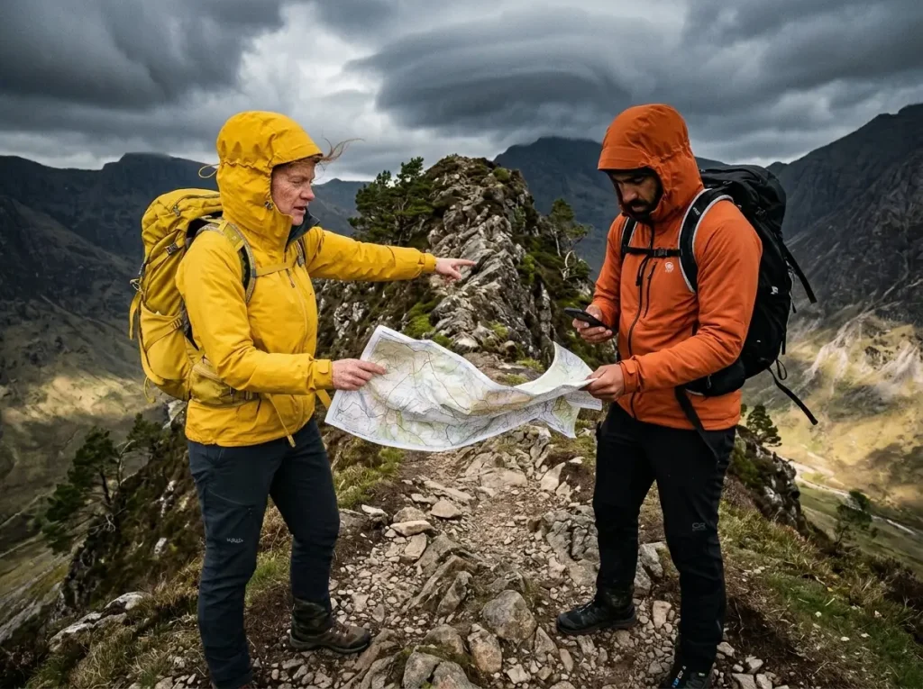 Hikers consulting map on windy exposed mountain ridge deciding route