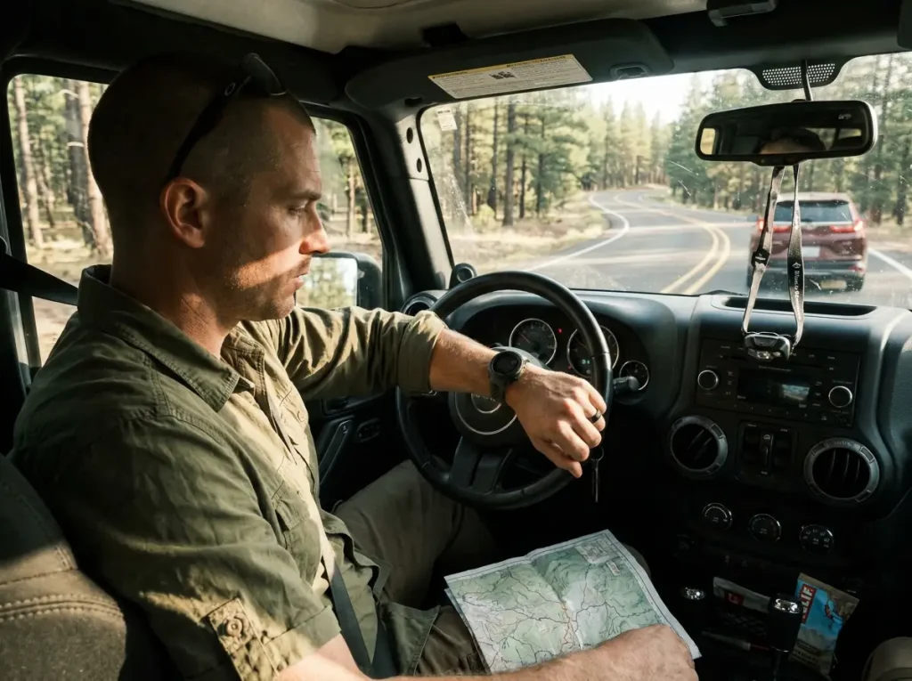 Hiker checking the time while driving a second car to a trailhead
