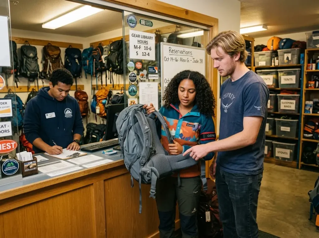 University outdoor program students checking out hiking backpacks