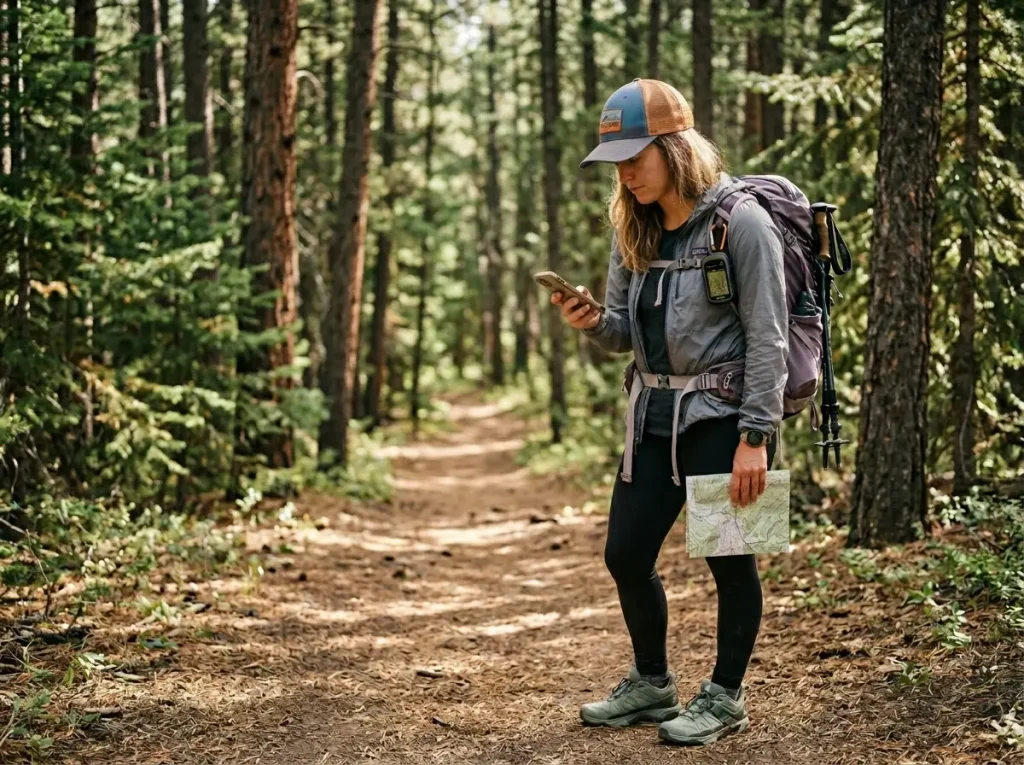 Hiker checking UTM coordinates on a smartphone GPS app on trail