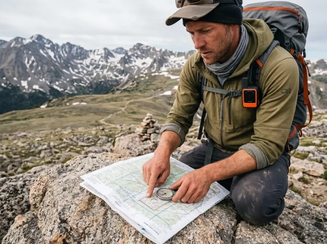 utm-grid-coordinates-hikers-hero Hiker reading UTM grid coordinates on a topographic map with compass
