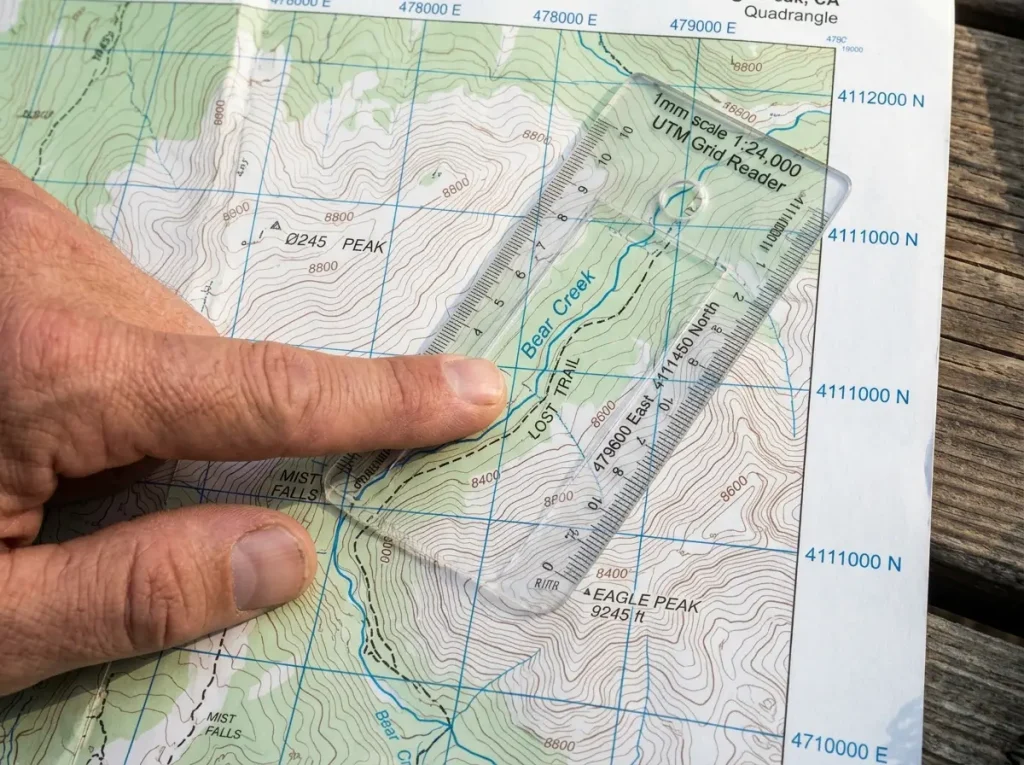 Close-up of UTM grid lines printed on a USGS topographic map