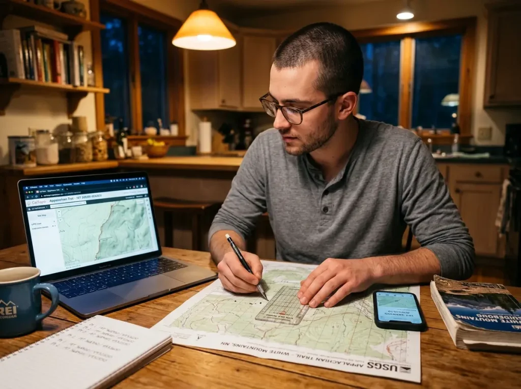 Hiker practicing UTM coordinate plotting at a kitchen table with maps