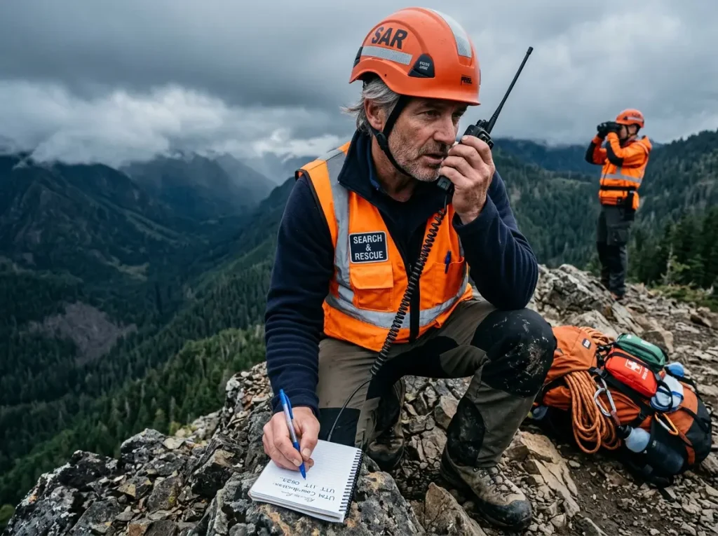 Search and rescue team member receiving UTM coordinates over radio