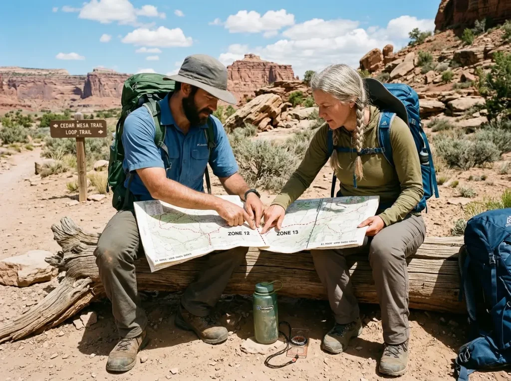 Hiker comparing two topo maps at a UTM zone boundary in the field