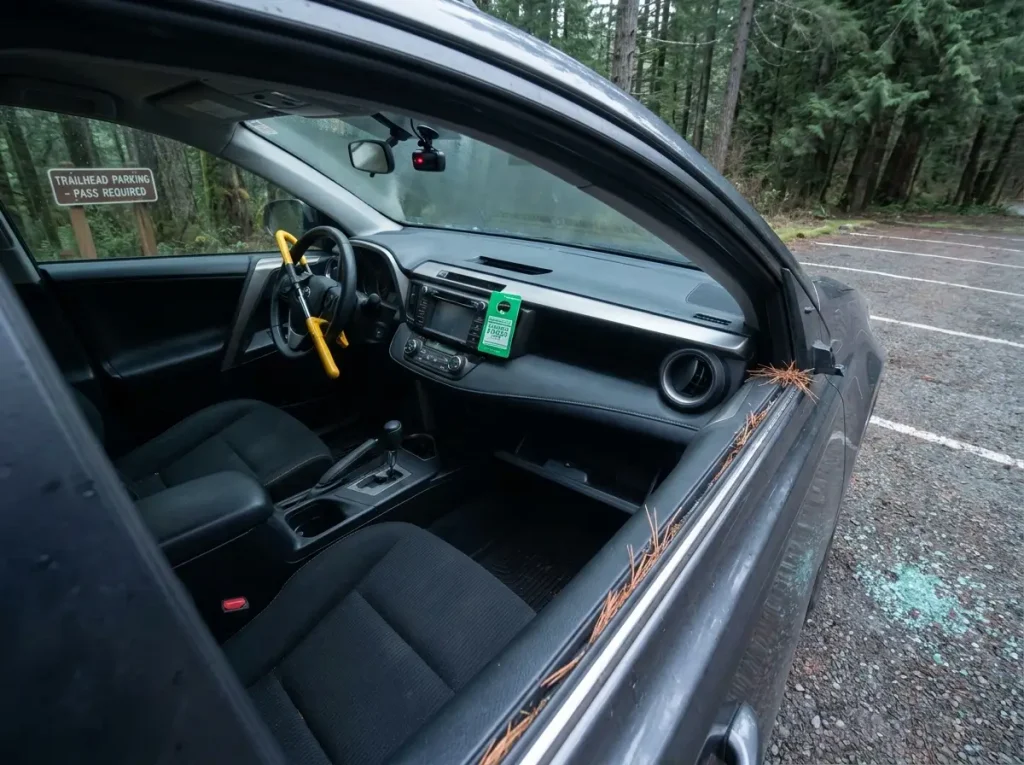 Empty car interior with open glove box at a remote forest trailhead