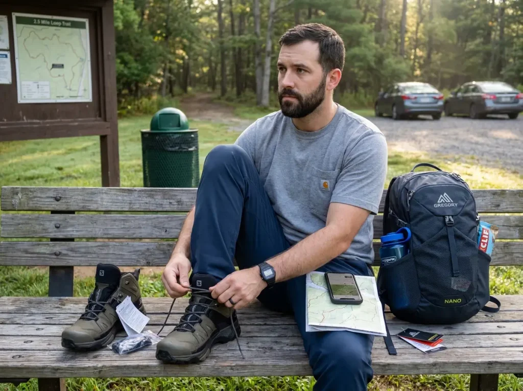 Veteran lacing hiking boots at trailhead bench with daypack and trail map nearby