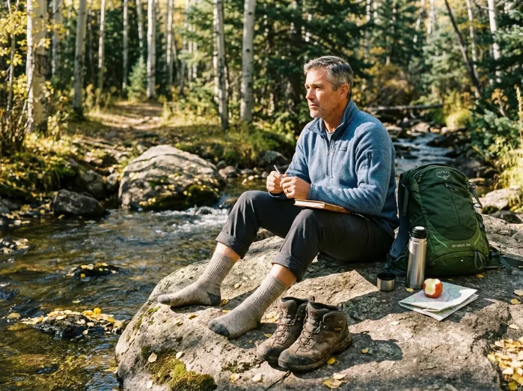 Veteran journaling on a rock beside a mountain stream after a therapeutic hike