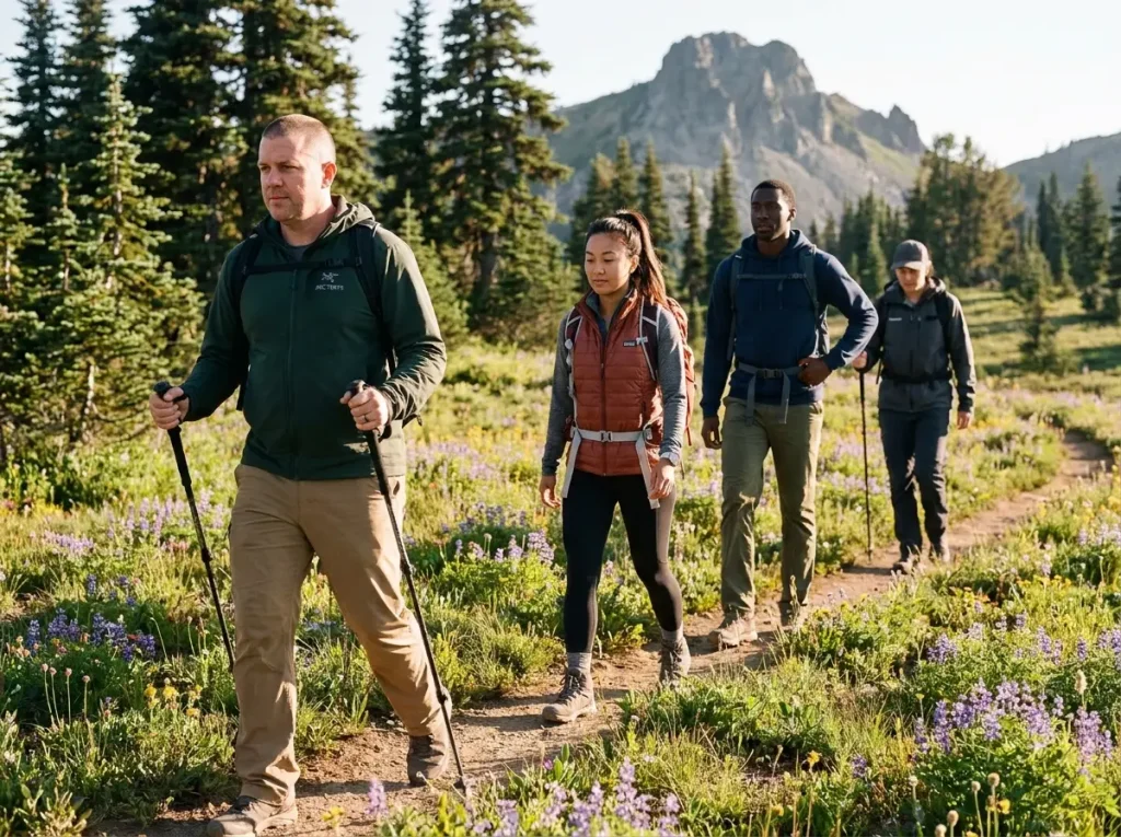 Small group of veterans hiking single file on mountain trail with supportive spacing
