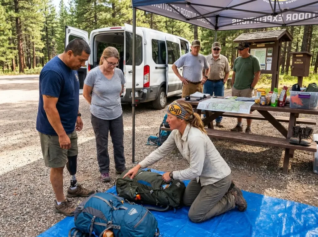 Veterans at wilderness program base camp with gear and expedition supplies