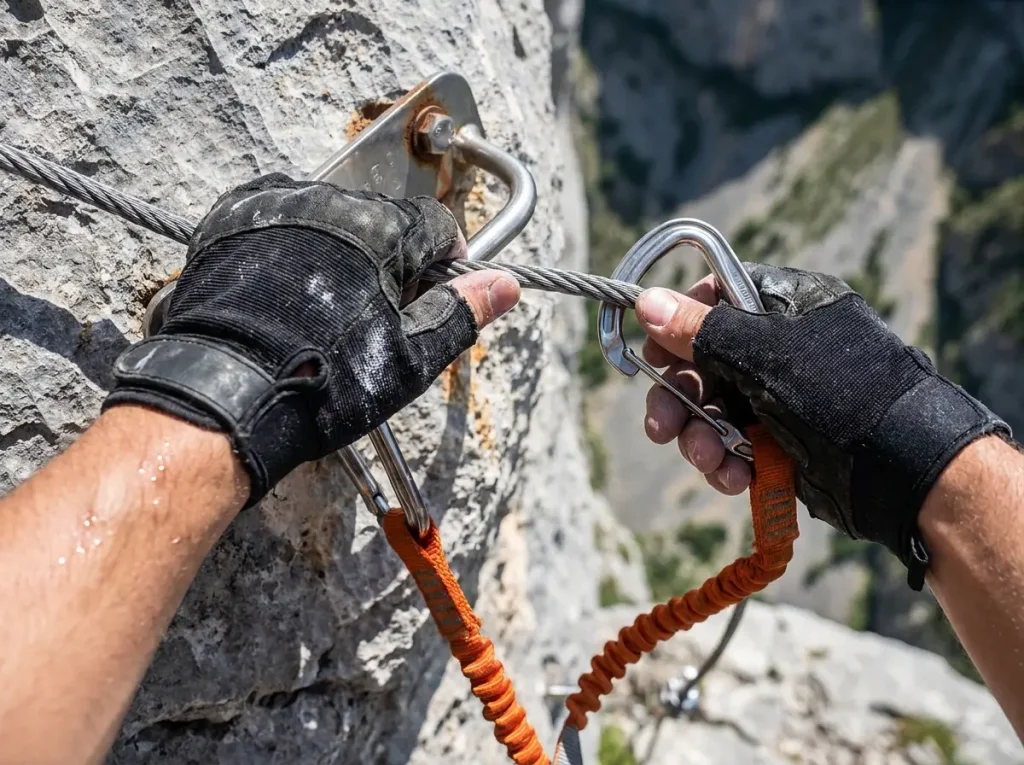Close-up of hands clipping via ferrata carabiner past anchor point on steel cable