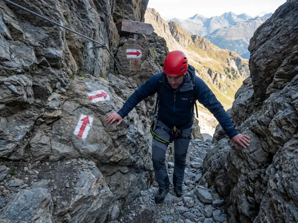 Hiker descending emergency escape path off via ferrata marked with red signs