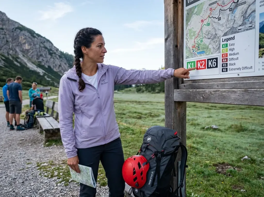 Trail sign showing via ferrata difficulty ratings from K1 to K6 at mountain trailhead