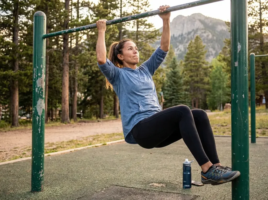 Hiker training grip strength hanging from pull-up bar at outdoor gym