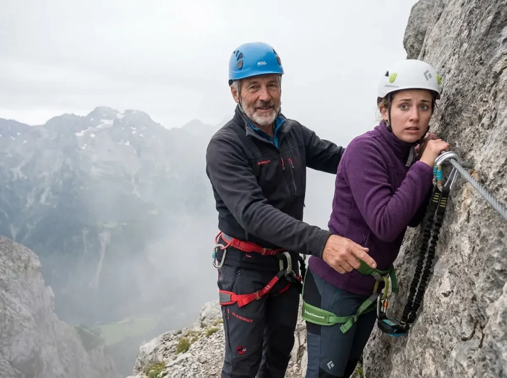 Guide helping nervous hiker at exposed section of via ferrata route