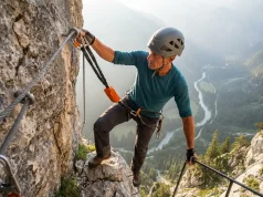 After 30 Via Ferratas This Is What Beginners Miss Hiker clipping via ferrata lanyard to steel cable on rocky mountain route