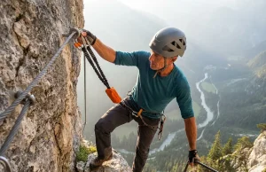 After 30 Via Ferratas This Is What Beginners Miss Hiker clipping via ferrata lanyard to steel cable on rocky mountain route