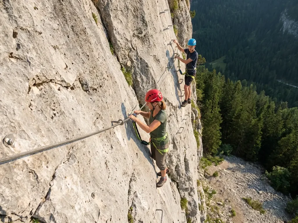 Wide view of via ferrata route with steel cable and metal rungs on cliff face