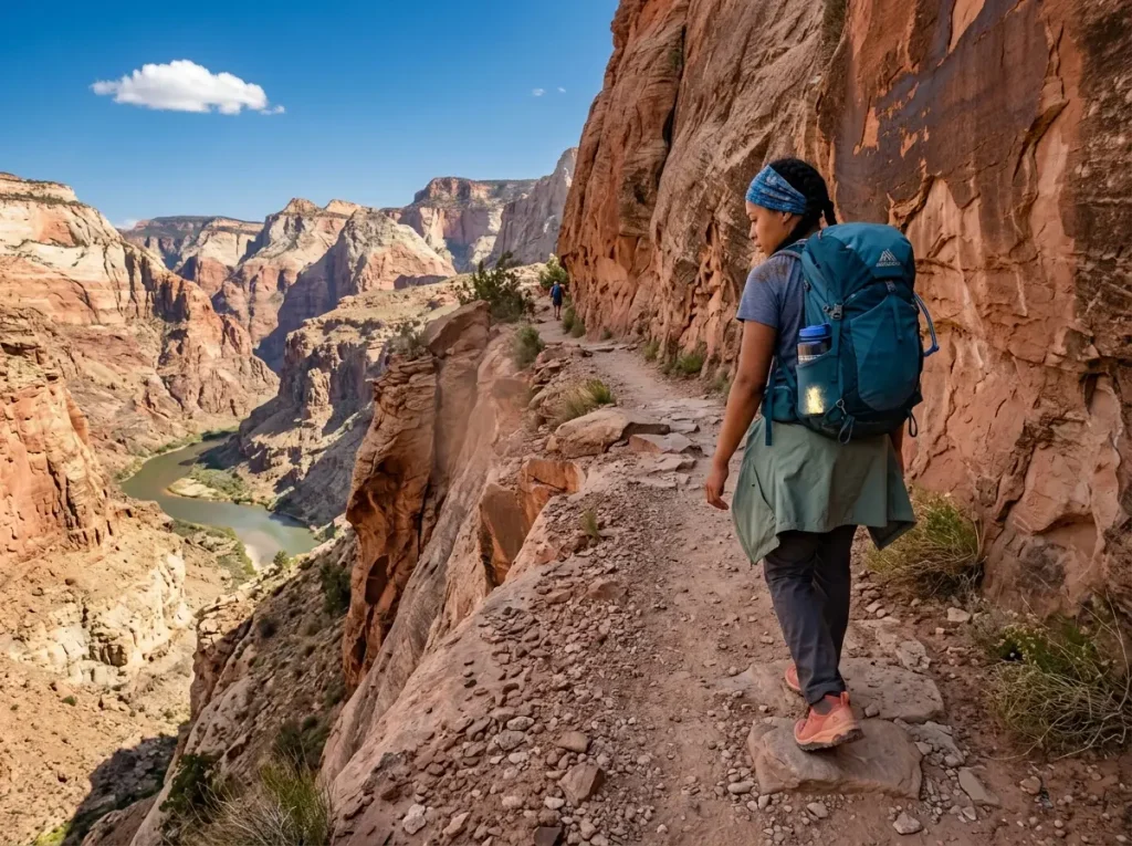 Hiker focused on trail path ahead avoiding looking at cliff edge