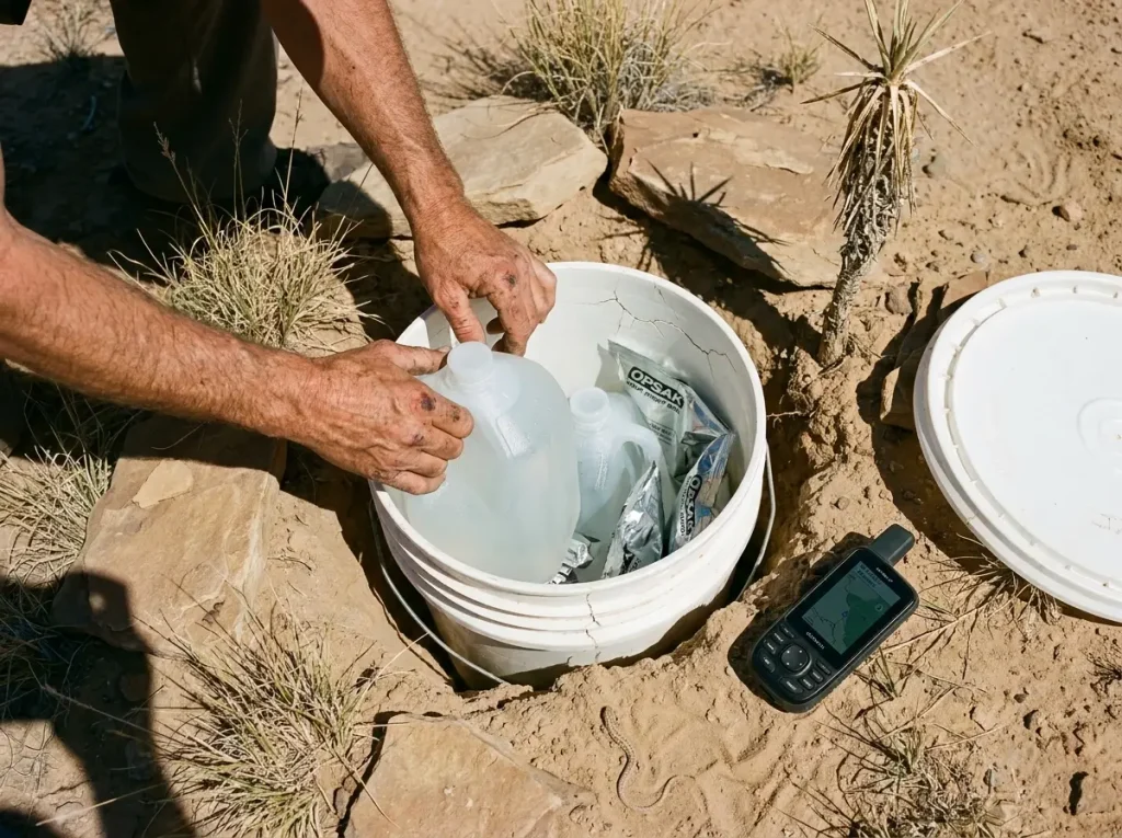 Desert water cache containers including a buried 5-gallon bucket with jugs